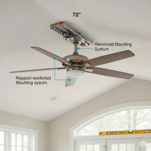Example of a 72-inch ceiling fan expertly installed on a sloped or vaulted ceiling, demonstrating proper mounting techniques.