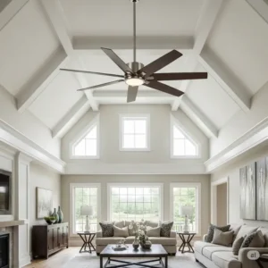 A large 84-inch ceiling fan installed in a residential great room with high, vaulted ceilings, enhancing airflow and style
