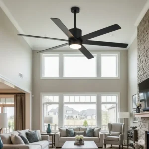 An impressive 84-inch ceiling fan with a sleek, modern design, perfectly complementing a spacious living room with high ceilings