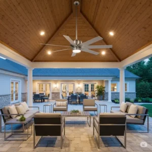 An elegant 84-inch ceiling fan providing cooling comfort in a spacious outdoor covered patio area, perfect for entertaining.
