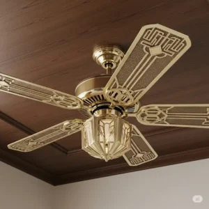 A sleek Art Deco antique ceiling fan with geometric lines and polished chrome accents, a stylish addition to a period interior.