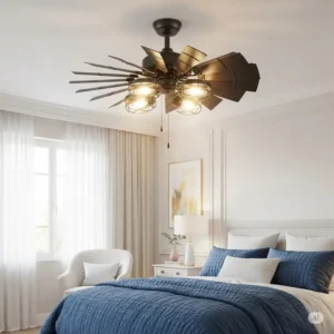 A stylish windmill ceiling fan with light installed in a cozy bedroom, providing both airflow and ambient illumination.