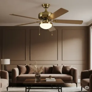 Brass ceiling fan seamlessly integrated into a living room decor, complementing existing furniture and adding a touch of sophistication.