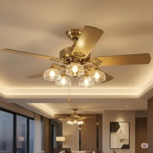 Functional brass ceiling fan featuring multiple lights, providing both air circulation and ambient illumination.