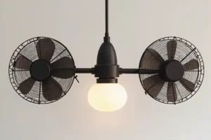Elegant brass finish gyro ceiling fan adding a luxurious touch to a contemporary home setting.