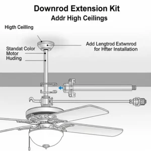 Visual representation of a ceiling fan downrod extension kit, demonstrating how to add length for high ceilings