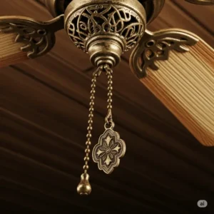Detailed illustration of an antique ceiling fan's pull chain mechanism, emphasizing the craftsmanship and historical accuracy of the fixture.
