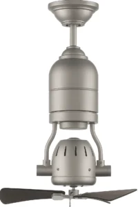 Close-up of a dual-blade ceiling fan with integrated light turned on, showcasing sleek design and lighting effect.