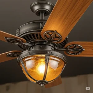 Close-up view of a craftsman style ceiling fan showcasing its intricate details, sturdy housing, and amber glass light kit, ideal for a cozy bedroom.