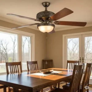 A classic craftsman style ceiling fan with a pull-chain operation centered above a dining room table, providing efficient airflow and a warm glow for family meals.