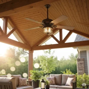  An outdoor craftsman style ceiling fan installed on a covered patio, featuring weather-resistant blades and a durable finish, enhancing comfort and style for al fresco living.