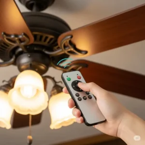 Hand holding a remote control for a craftsman style ceiling fan, highlighting the convenience of adjusting fan speed and light settings from across the room.