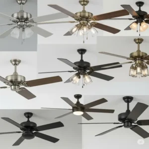 Collage displaying craftsman style ceiling fans in various finishes, including brushed nickel, antique brass, and matte black, offering options to match diverse interior designs.