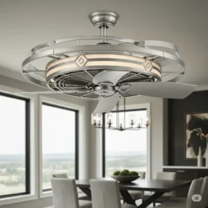 An elegant decorative hugger ceiling fan with wooden blades, adding a touch of style to any room without hanging low.