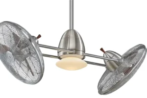 Classic wooden double ceiling fan with decorative light fixture, blending traditional style with functionality.