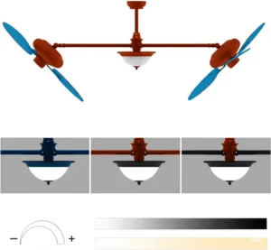 A product image of a dual ceiling fan demonstrating customizable options, including different finishes and adjustable light temperature and brightness.