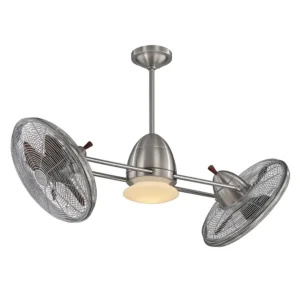 Dual-motor gyro ceiling fan installed in a modern living room with wooden ceiling and ambient lighting.