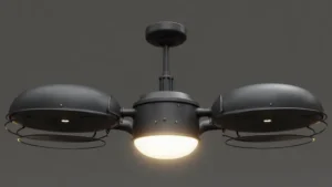 Angled side view of a dual-head gyro ceiling fan with adjustable motors and sleek design.