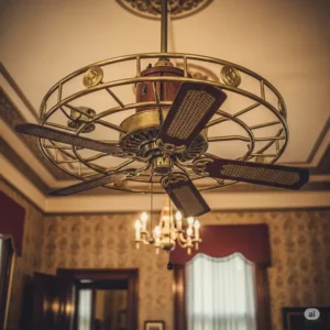 An illustration showcasing an early electric ceiling fan design, highlighting its unique motor housing and blade shape from the dawn of electrification.