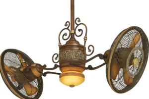 Elegant double ceiling fan with integrated light, perfect for large open spaces with high ceilings.