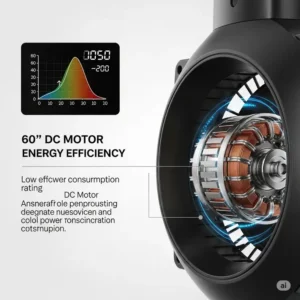 Energy-efficient 60 inch ceiling fan with a DC motor, showcasing its ability to provide strong airflow while consuming less power.