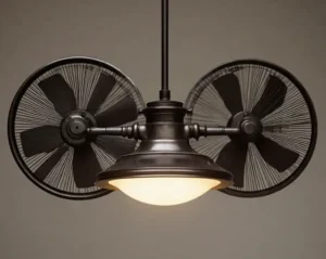 Outdoor-rated gyro ceiling fan installed on a covered patio, providing airflow and style for exterior spaces.