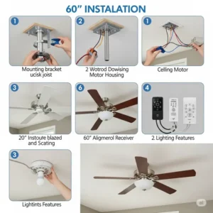 Tools and components laid out for the installation of a 60 inch ceiling fan, indicating a straightforward setup process.