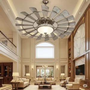 Large windmill ceiling fan with a bright light, serving as a focal point in a spacious living room with high ceilings.