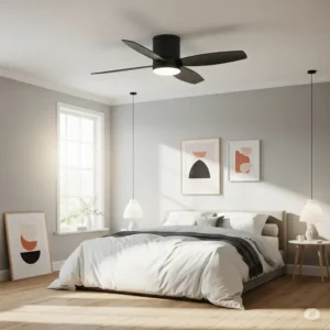 A low-profile hugger ceiling fan with dimmable LED light, perfect for a cozy bedroom with standard or low ceilings.