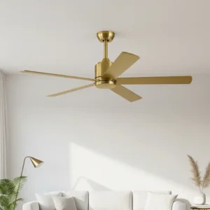 Sleek, modern brass ceiling fan with clean lines, ideal for contemporary interior designs seeking a touch of classic material.