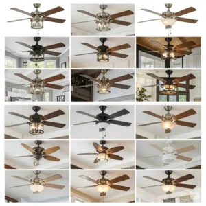 Collage showcasing various styles and designs of oscillating ceiling fans to suit different interior decors.