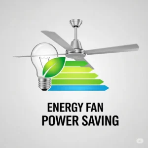 Icon or graphic representing energy efficiency, alongside an oscillating ceiling fan, emphasizing power savings.