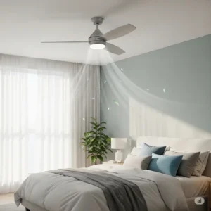 Image depicting a serene bedroom with a quietly operating oscillating ceiling fan, highlighting its low noise level.