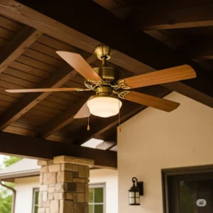 Durable outdoor brass ceiling fan mounted on a covered patio, designed to withstand elements while enhancing comfort, with blades made of wood.