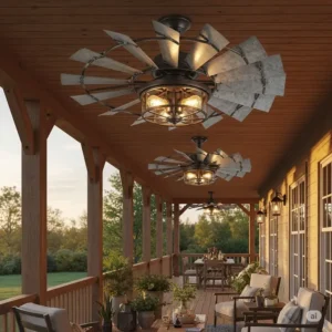 A durable outdoor-rated windmill ceiling fan with light, perfect for adding rustic charm and comfort to a covered patio or porch.