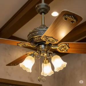 An illustration of a fully restored antique ceiling fan in operation, demonstrating its smooth functionality and timeless appeal.