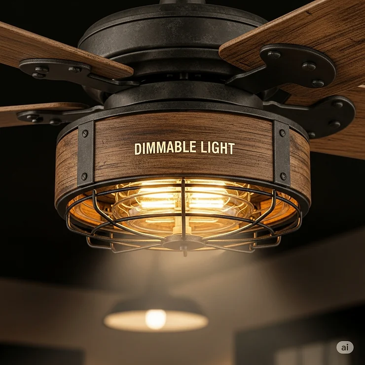 A rustic ceiling fan featuring a dimmable light kit, offering adjustable illumination for various moods.
