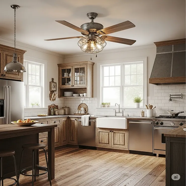 A rustic ceiling fan and light fixture installed in a charming farmhouse kitchen, complementing the wooden beams.