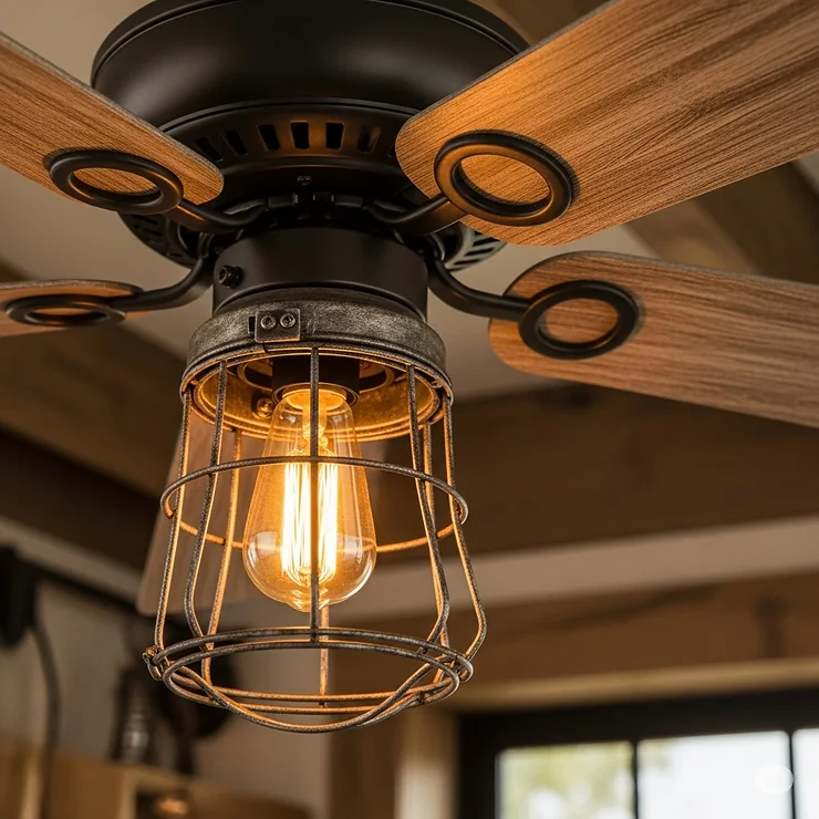 A beautiful rustic ceiling fan with an integrated light kit, perfect for adding a touch of farmhouse charm to a living room.