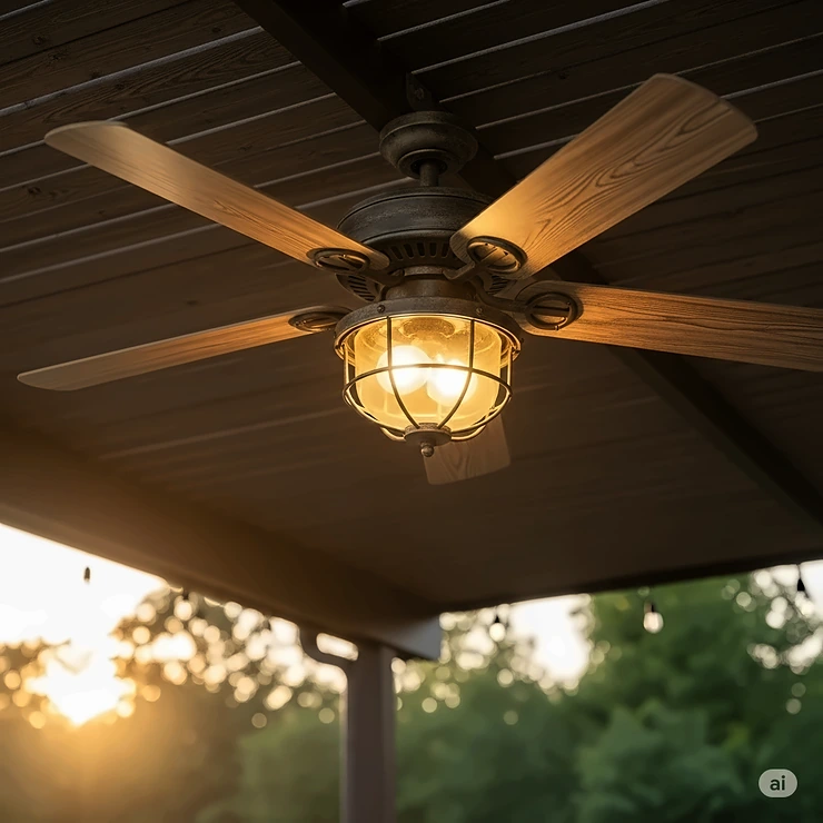 Rustic outdoor ceiling fan with a light, ideal for a covered patio or porch, enhancing a country-style outdoor living space.