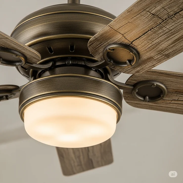 Close-up of a rustic ceiling fan featuring distressed wood blades and an antique bronze finish, highlighting the natural textures.
