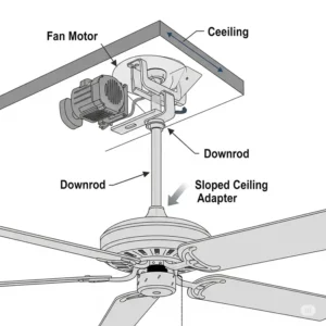 Illustration of a sloped ceiling adapter properly connecting a ceiling fan downrod on an angled ceiling
