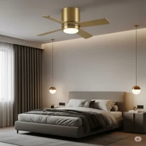Compact brass ceiling fan installed in a bedroom, offering quiet operation and a stylish focal point.