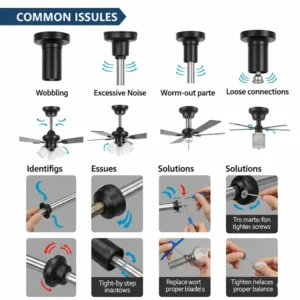 Visual guide showcasing common issues related to ceiling fan downrods, such as wobbling or noise, and potential solutions