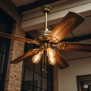 Close-up of a vintage brass ceiling fan, highlighting its classic design and aged patina, ideal for a historical home aesthetic.