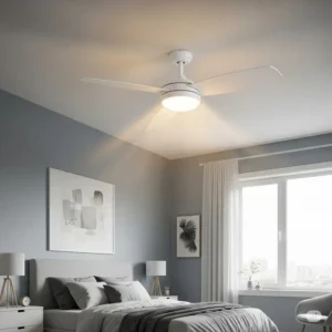  Bedroom featuring a stylish white ceiling fan with lights, enhancing comfort and decor in a peaceful setting.