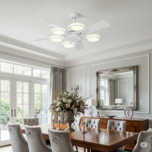 Elegant dining room showcasing a white ceiling fan with lights, perfect for both cooling and overhead illumination