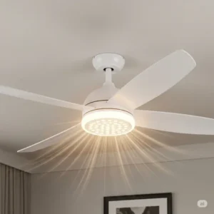 Graphic representing an energy-efficient white ceiling fan with LED lights, emphasizing cost savings and eco-friendliness.