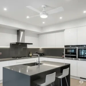 Contemporary kitchen with a white ceiling fan and bright lights, ideal for air circulation and task lighting