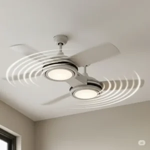 A sleek, white dual ceiling fan featuring two integrated LED lights on a rotating central body, shown in motion against a white ceiling.